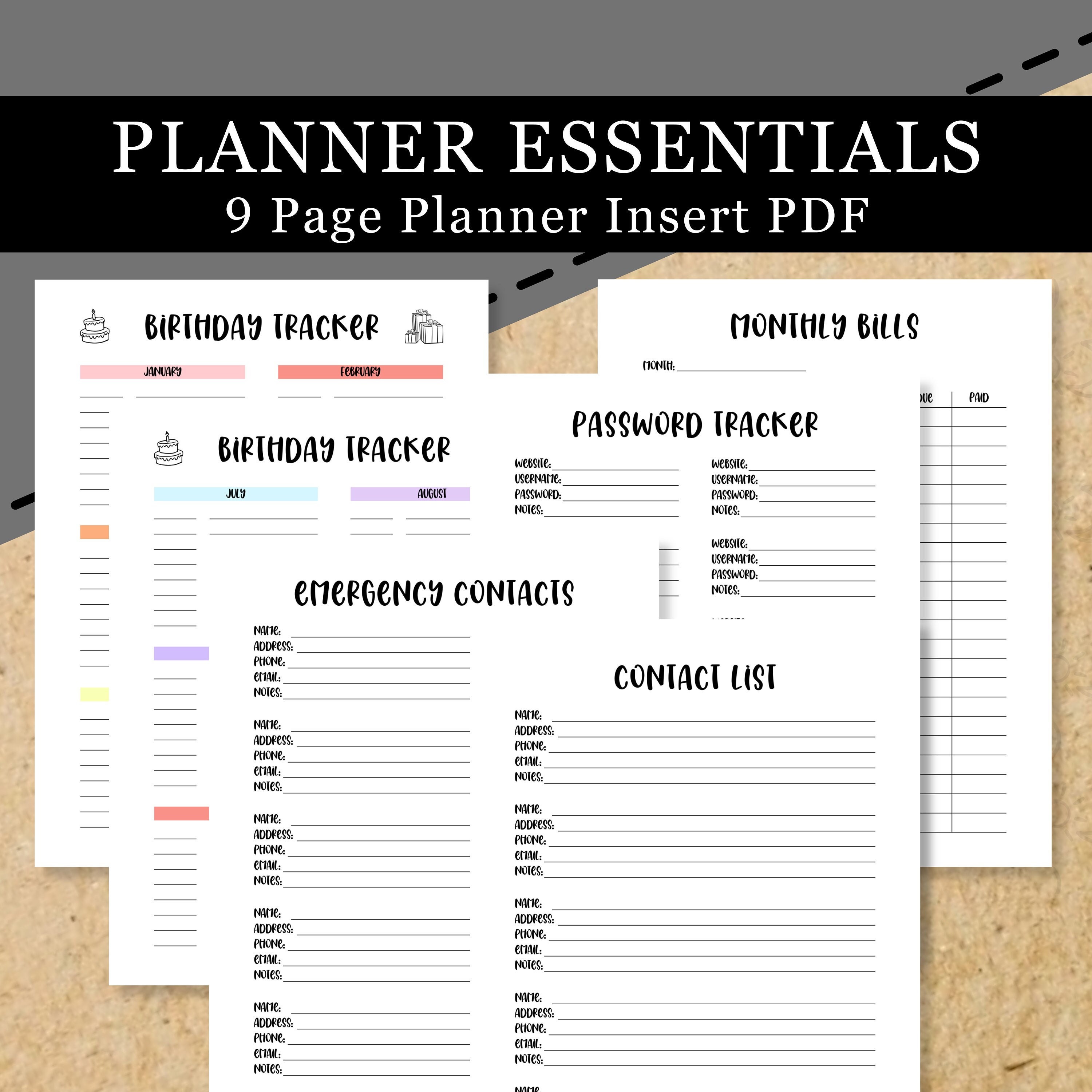 8 Page Planner Essentials Insert / PLUS FREE Notes Page! / 9 Page Instant Download / Planner Insert PDF /