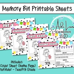 May include: Printable memory bin sheets for Pre-K through 12th grade. Each sheet features a black and white polka dot background with colorful pennants and a space for a photo. The sheets include prompts for students to fill in about their school year.