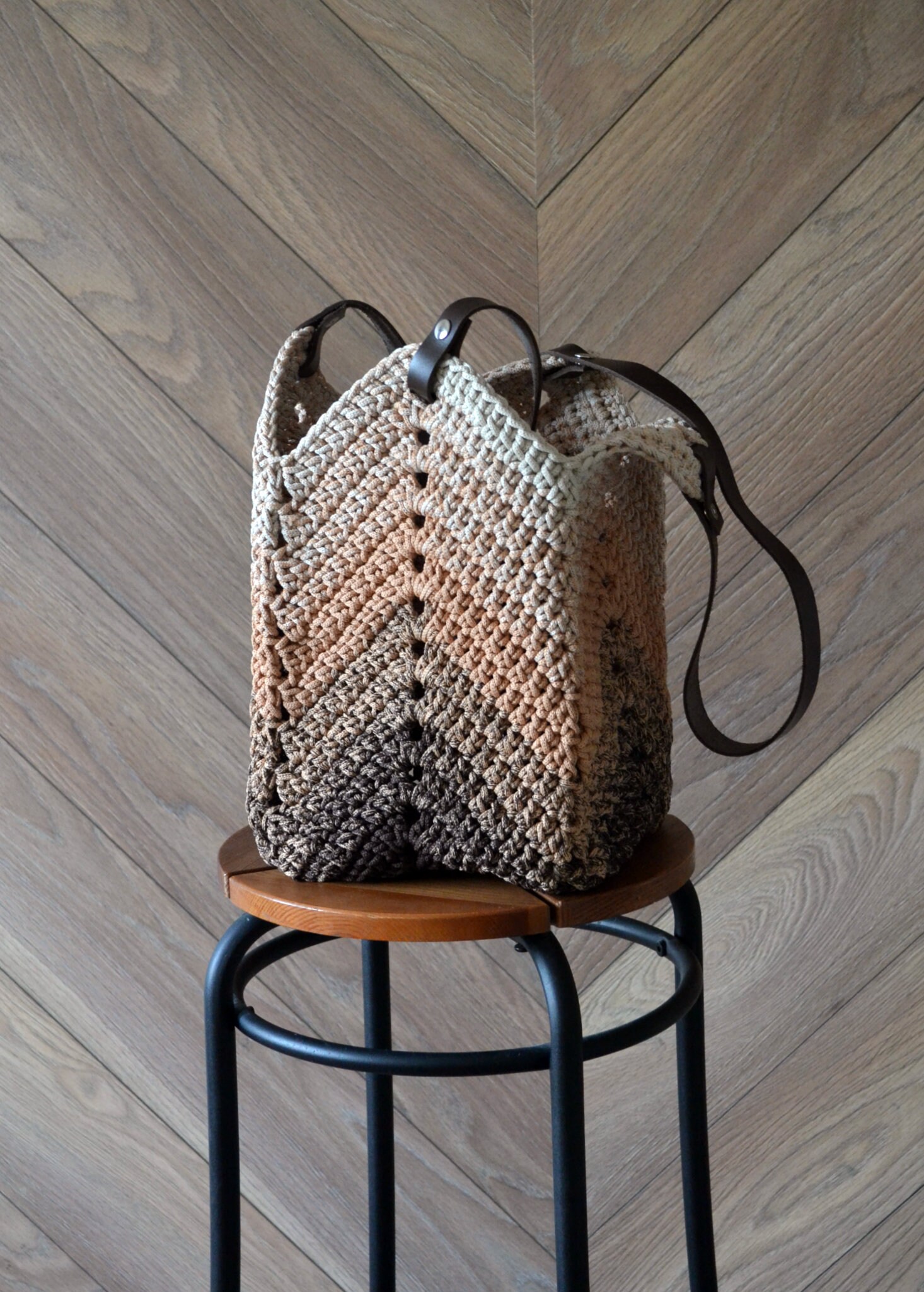 Knitting handmade bag from cord in unique combo colors bag for Etsy