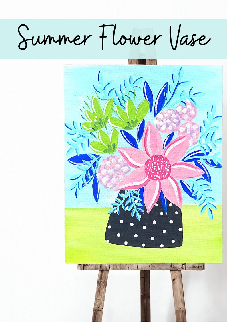 May include: A painting of a summer flower vase with pink, green, and blue flowers in a black and white polka dot vase. The painting is on a wooden easel.