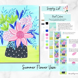 May include: A step-by-step painting tutorial for a summer flower vase. The image shows a vase with pink, blue, and green flowers, and a list of paint colors and instructions for painting the vase.