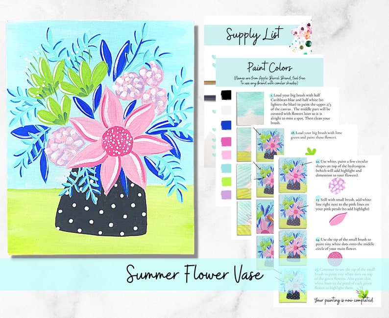 May include: A step-by-step painting tutorial for a summer flower vase. The image shows a vase with pink, blue, and green flowers, and a list of paint colors and instructions for painting the vase.