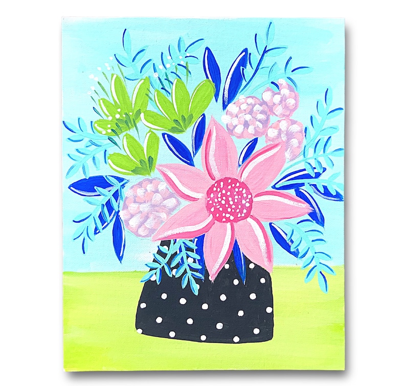 May include: A painting of a bouquet of flowers in a black and white polka dot vase. The flowers are pink, green, and blue. The background is a light blue.
