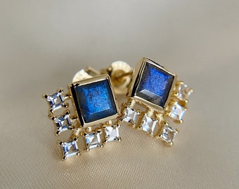 Elsa | Labradorite and White Topaz Stud in Gold Vermeil Earrings | Genuine Crystal Gemstone | Gifts for her | Bride | Something Blue