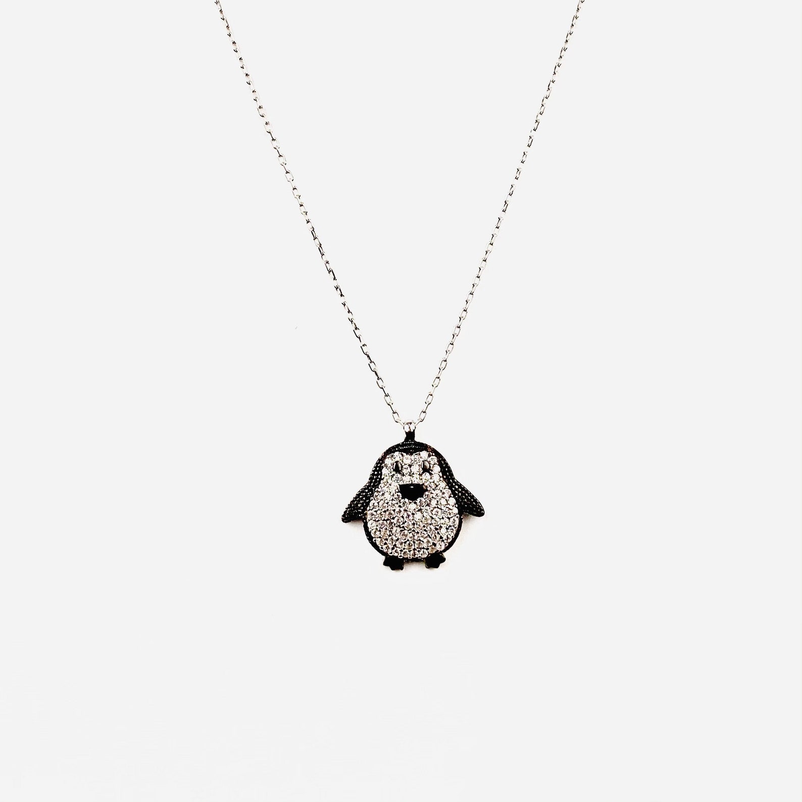 Sterling Silver Tiny Penguin Necklace White and Black Diamond Etsy