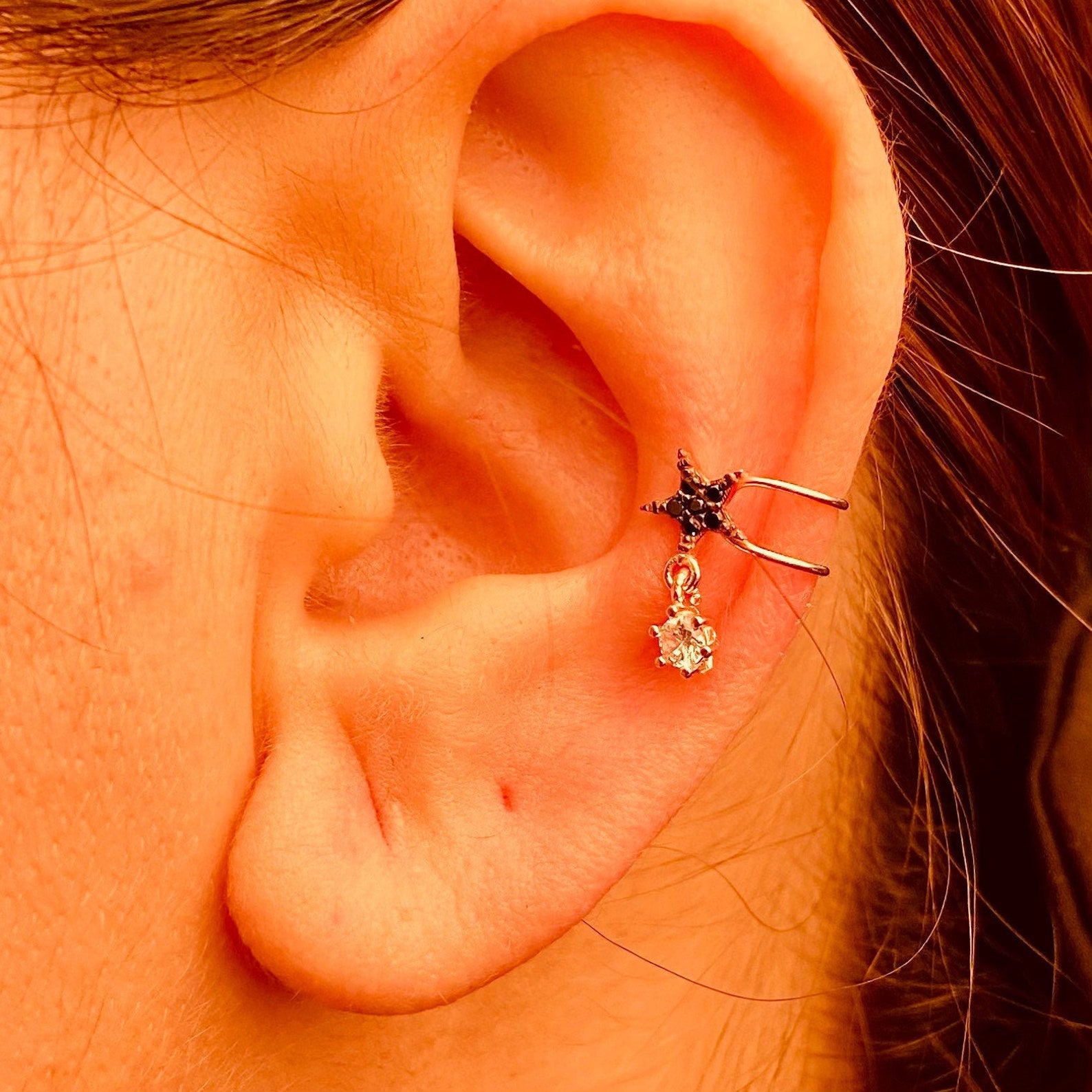 Dangle Black CZ Stone Star Ear cuff Silver sterling Ear Cuff Etsy