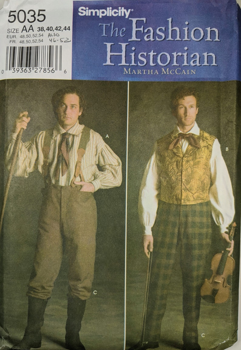 Victorian Sewing Patterns- Dress, Blouse, Hat, Coat, Lingerie     Simplicity Pattern 5035 Mens mid 1800s long-tailed Shirt ( 2 Views) Vest and Period Trousers $25.00 AT vintagedancer.com