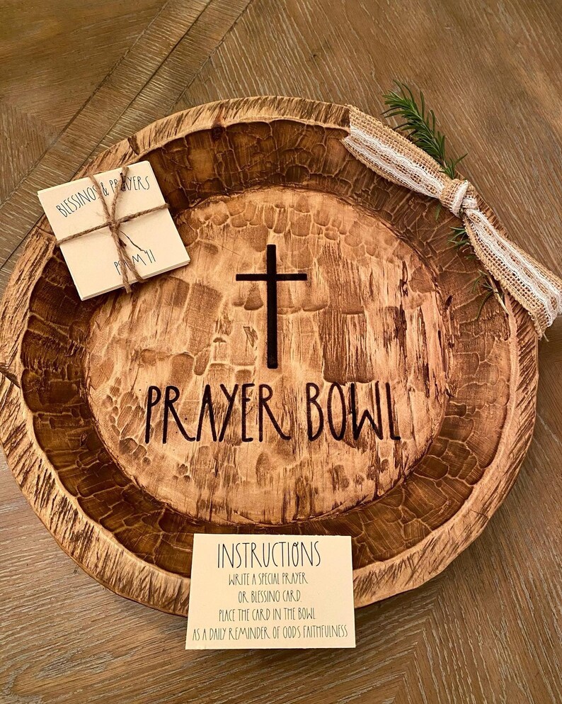 Large Round Wood Prayer Bowl With Cards Spiritual Intentions Etsy