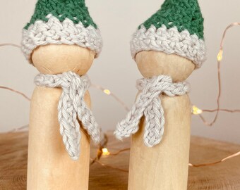 Winter wood peg doll with crochet hat and scarf, homemade, Christmas decoration, gift, Christmas gift, scandi Christmas