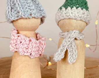 Winter couple, wood peg doll, crochet Accessories, Christmas, Christmas decoration, gift, scandi Christmas, handmade