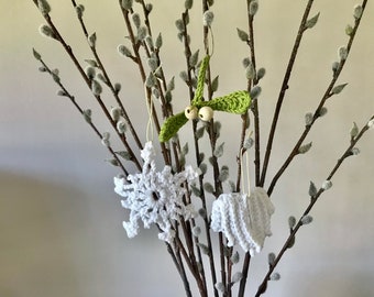 Set of 3 Christmas crochet decorations snowflake, angel wings, mistletoe, Christmas decoration, present topper, gift, Christmas, handmade