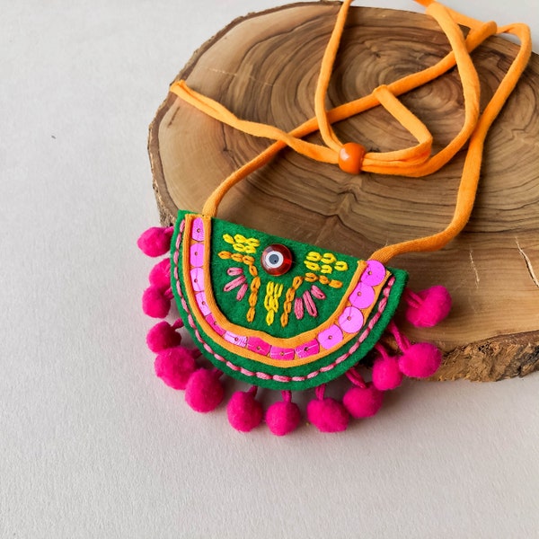 Mixed Media Boho Necklace, Unique Accessories, Colorful Pendant, Embroidered, Crocheted, Beadwork, Eclectic Pom Pom Necklace, Gift for Her