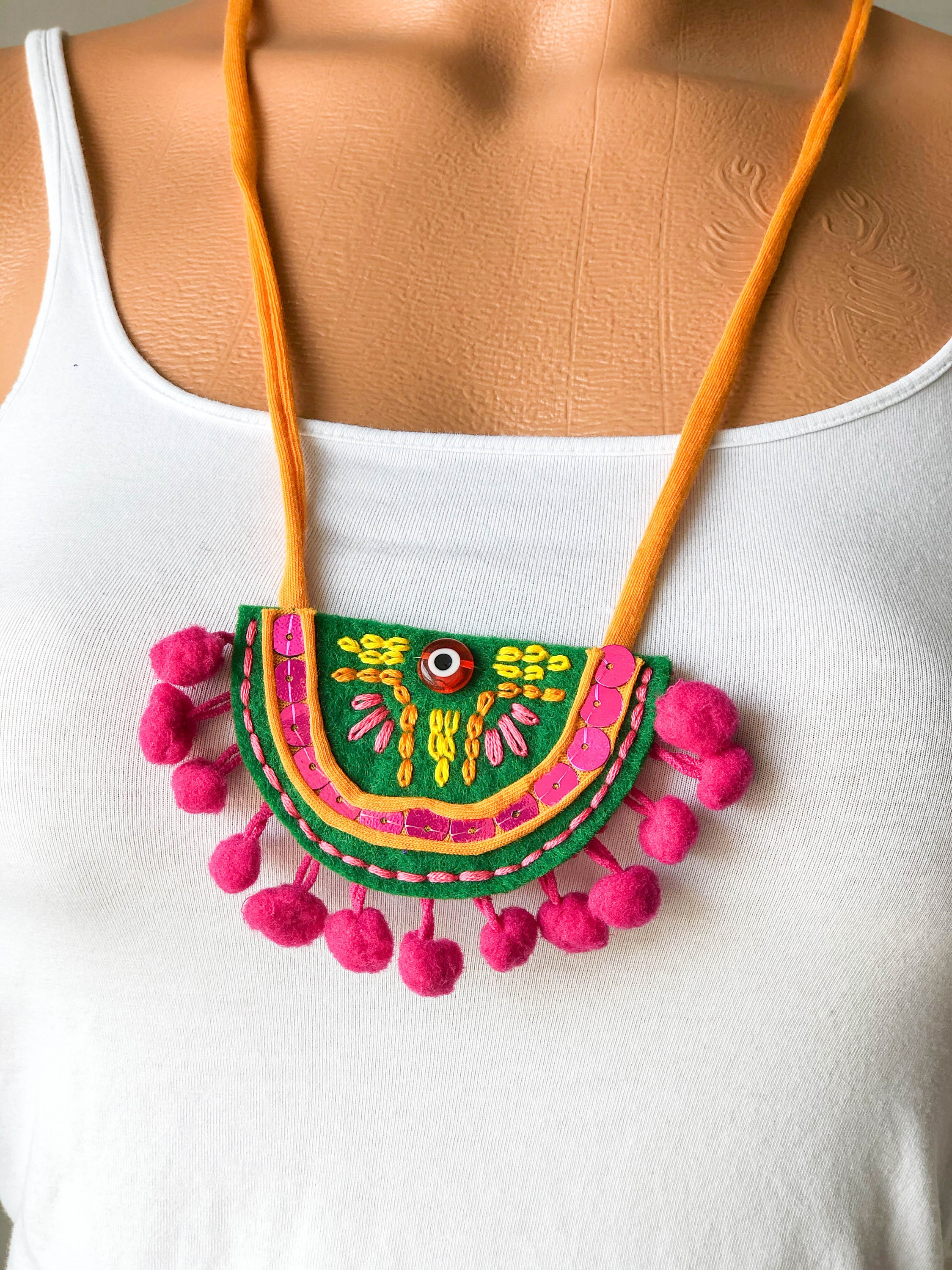 Mixed Media Boho Necklace, Unique Accessories, Colorful Pendant, Embroidered, Crocheted ...