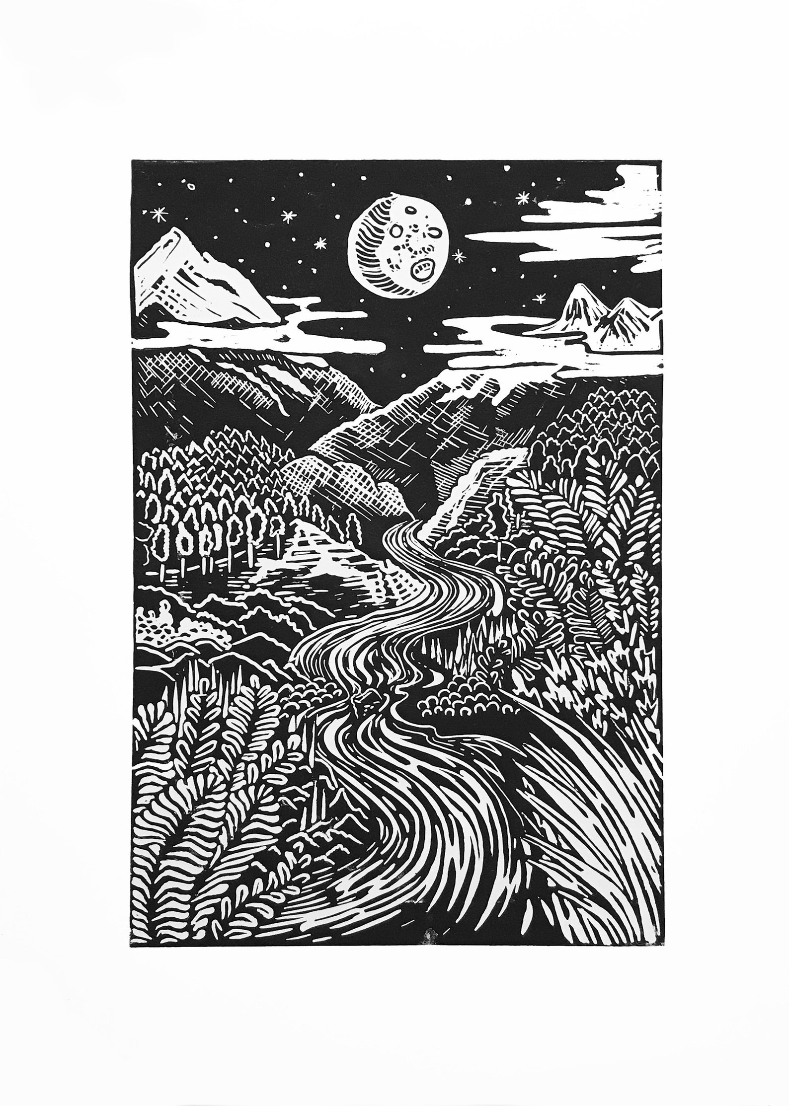 Full Moon Lino Print Etsy