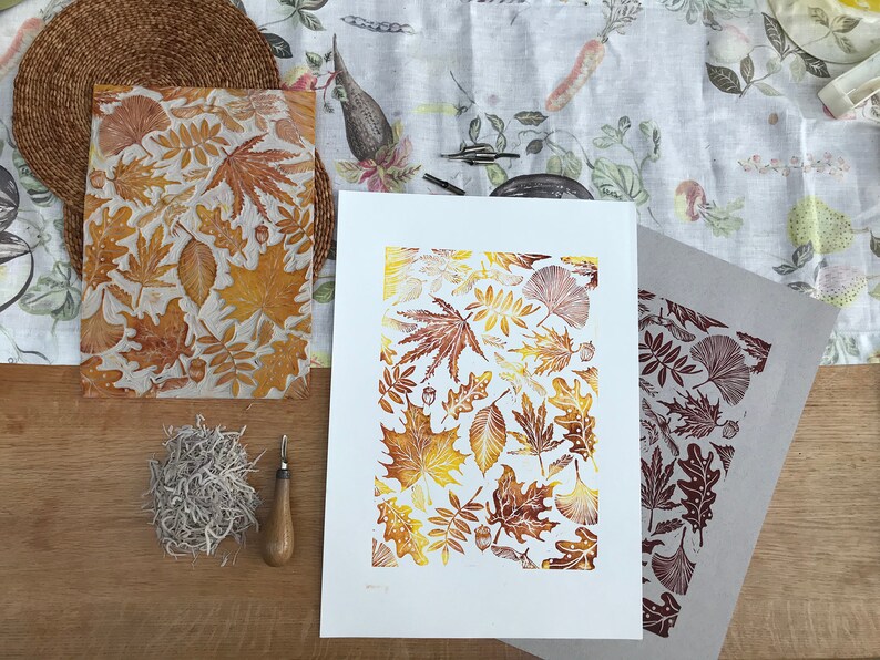 Leaf Pattern Linoleum Autumn Nature Print - Etsy