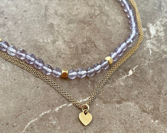 Amethyst and gold heart charm necklace set