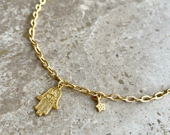 Gold hamsa and star charm necklace