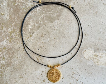 Coin medallion leather cord wrap necklace, gold or silver