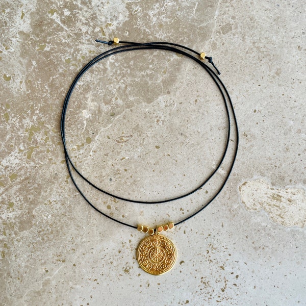 Coin medallion leather cord wrap necklace, gold or silver