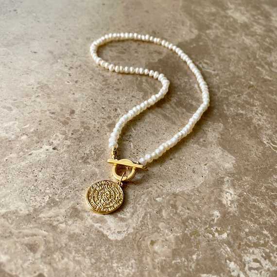 Boho style pearl necklace with Greek coin pendant