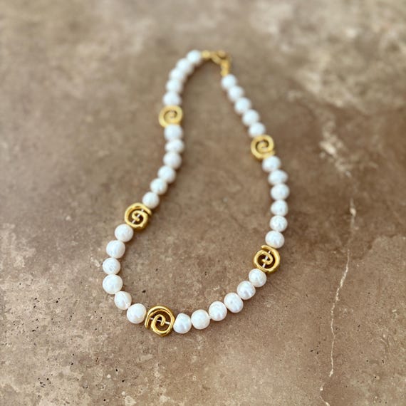 Statement Grecian style pearl necklace with gold spirals and T bar clasp