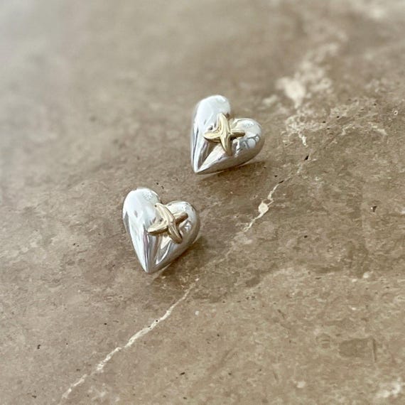 Puffy heart heart statement stud earrings, silver and gold mix, vintage 80’s