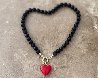 Statement Black Obsidian Charm Necklace with detachable Red Puffy Heart