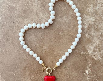 Freshwater Pearl Necklace with Statement Red Heart Pendant