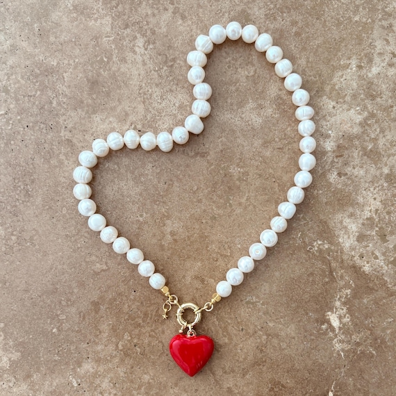 Freshwater Pearl Necklace with Statement Red Heart Pendant