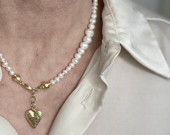 Mismatched pearl necklace with gold heart pendant