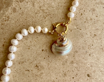 Pearl charm necklace with seashell drop pendant