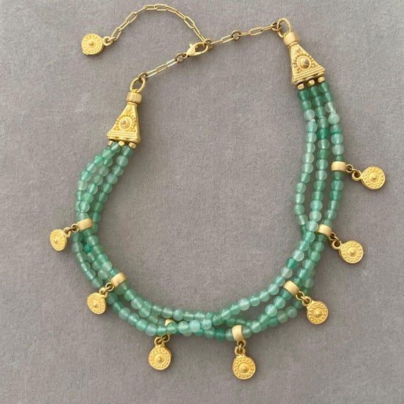 Gemstone choker with mini gold disc charms