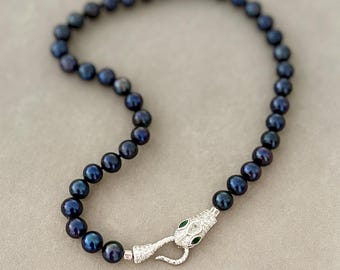 Black pearl choker with jewelled snake clasp