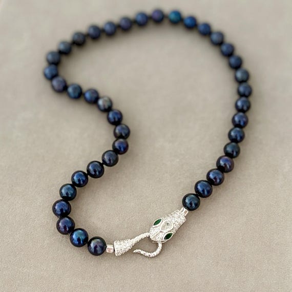 Black pearl choker with jewelled snake clasp