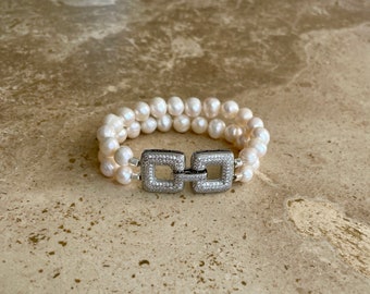 Double row freshwater pearl bracelet with statement clasp