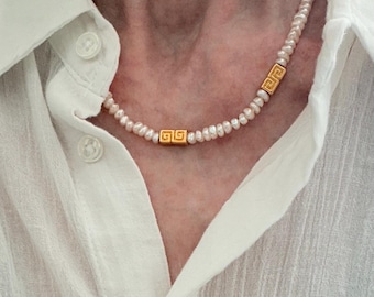 Pearl bead necklace with gold Greek key charms