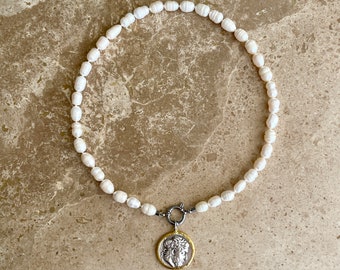 Freshwater pearl necklace with Greek medallion pendant