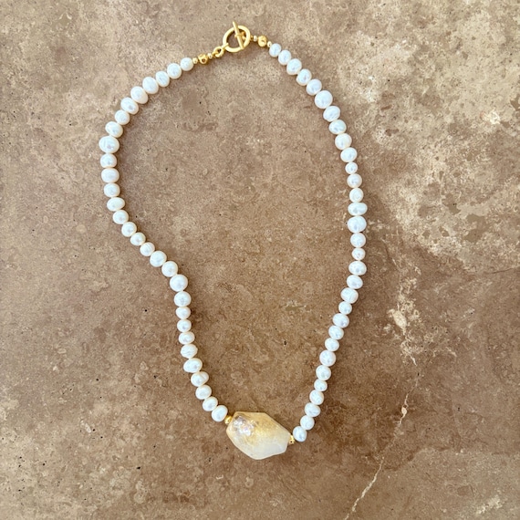 Freshwater pearl necklace with statement citrine crystal nugget