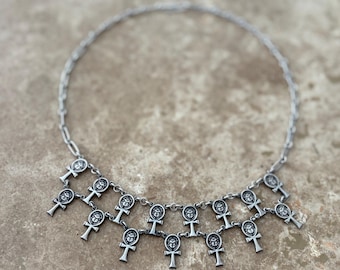 Vintage Egyptian silver bib collar necklace: ankh symbol and scarab beetle amulet