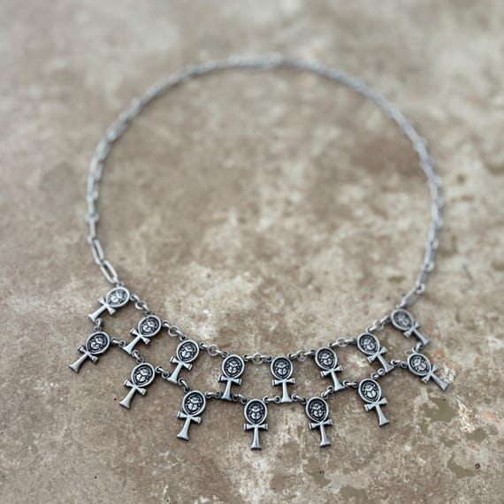 Vintage Egyptian silver bib collar necklace: ankh symbol and scarab beetle amulet