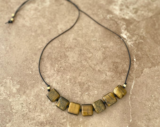 Adjustable cord necklace with tigers eye gemstone beads