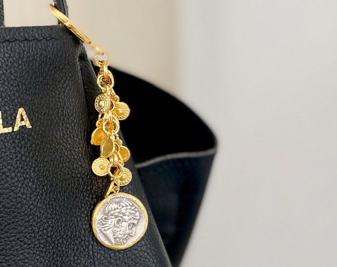 Boho bag charm with Greek style coin and mini charms