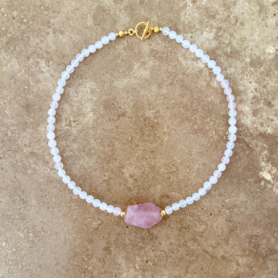 Beaded gemstone necklace with statement rose quartz nugget