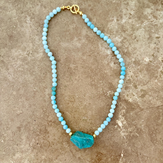 Beaded gemstone necklace with statement amazonite nugget