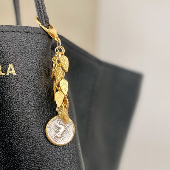 Boho bag charm with Greek style coin and mini charms