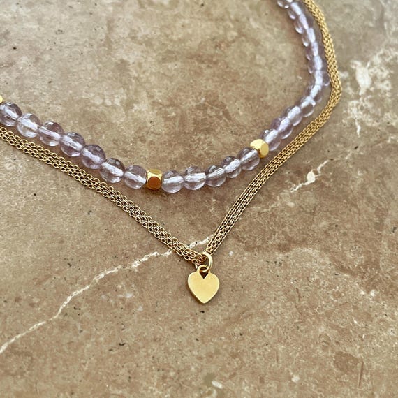 Amethyst bead choker and gold heart pendant layered necklace set