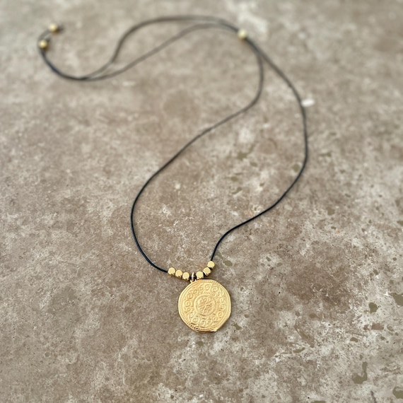 Adjustable cord charm necklace with medallion pendant, gold or silver