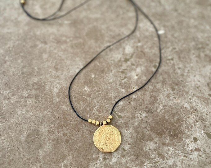 Adjustable cord charm necklace with medallion pendant, gold or silver