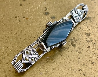 Marcasite and jet vintage silver pin