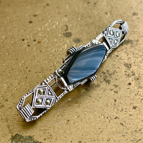 Marcasite and jet vintage silver pin